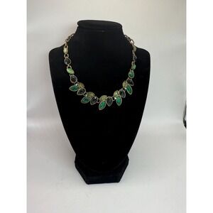 Vintage Green & Black Faceted Leaf Statement Necklace – Gold Tone Bib Necklace